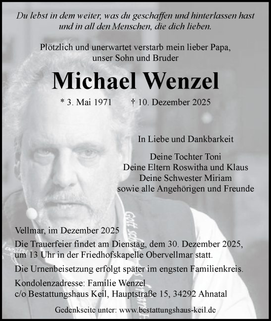 Traueranzeige von Michael Wenzel von HNA