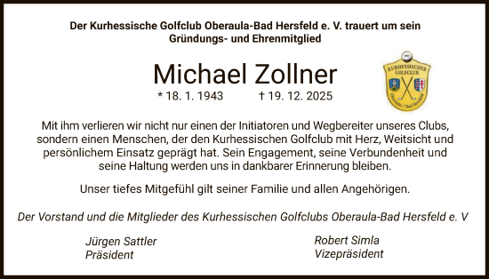 Traueranzeige von Michael Zollner von HZHNA
