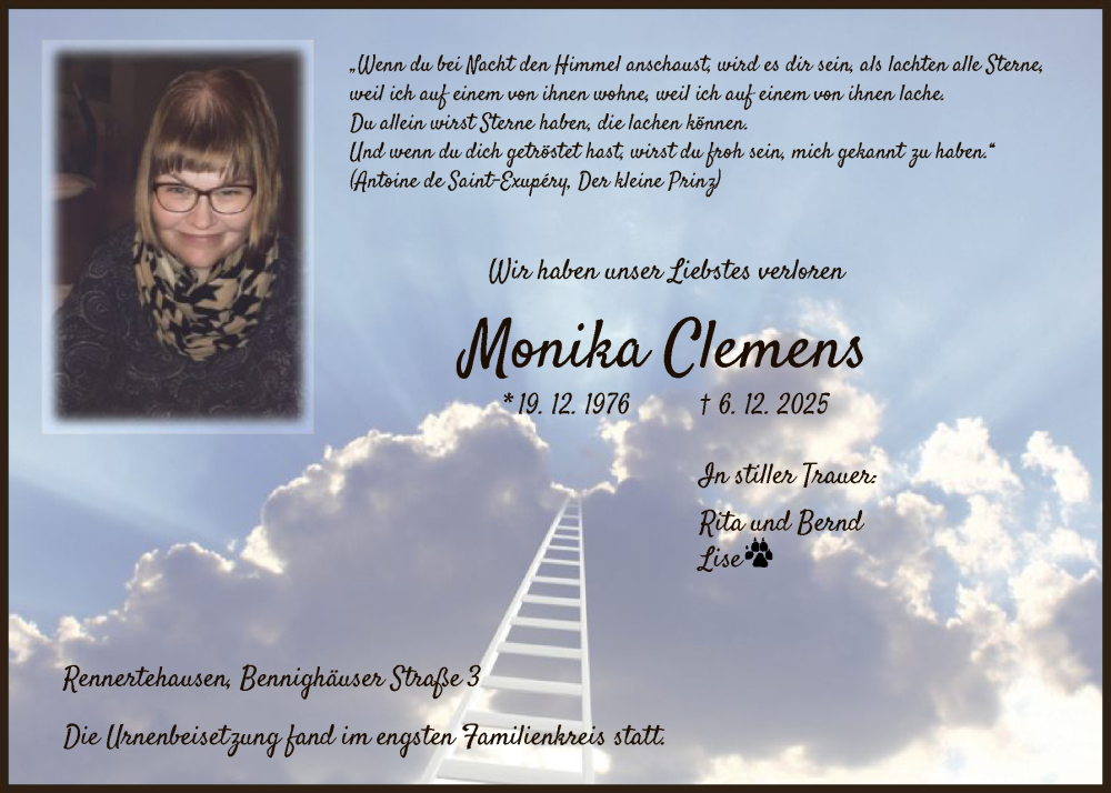  Traueranzeige für Monika Clemens vom 20.12.2025 aus HNA
