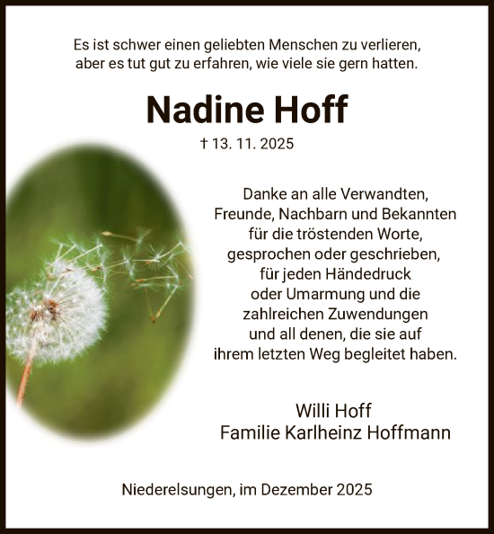 Traueranzeige von Nadine Hoff von HNA
