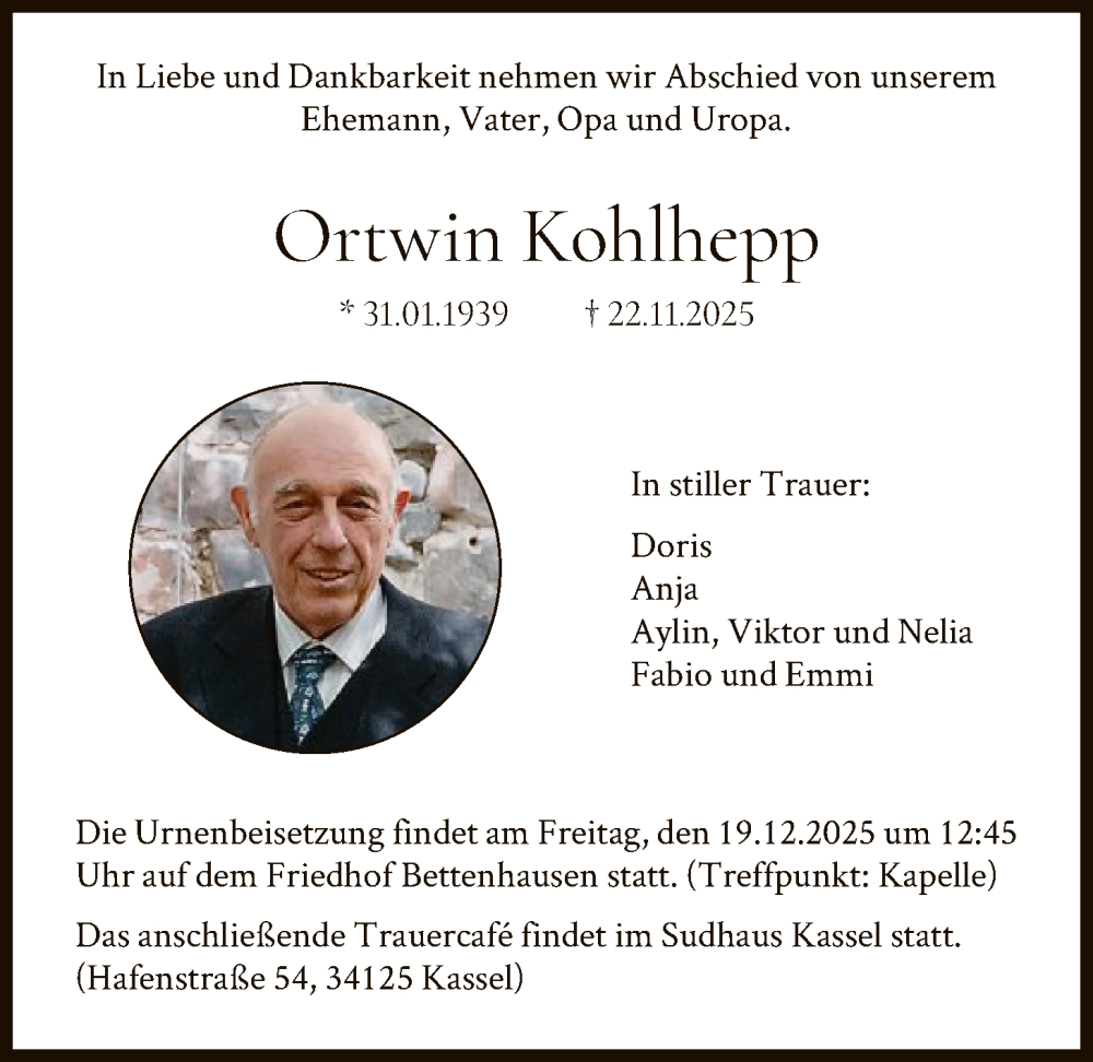  Traueranzeige für Ortwin Kohlhepp vom 13.12.2025 aus HNA