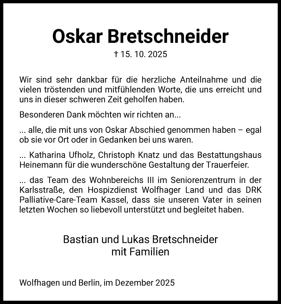  Traueranzeige für Oskar Bretschneider vom 13.12.2025 aus HNA