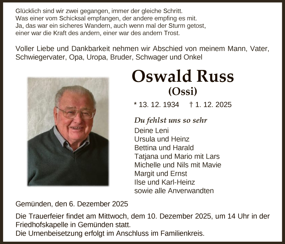  Traueranzeige für Oswald Russ vom 06.12.2025 aus HNA