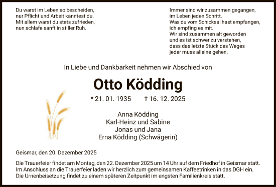 Traueranzeige von Otto Ködding von HNA