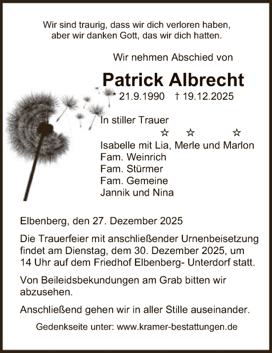 Traueranzeige von Patrick Albrecht von HNA