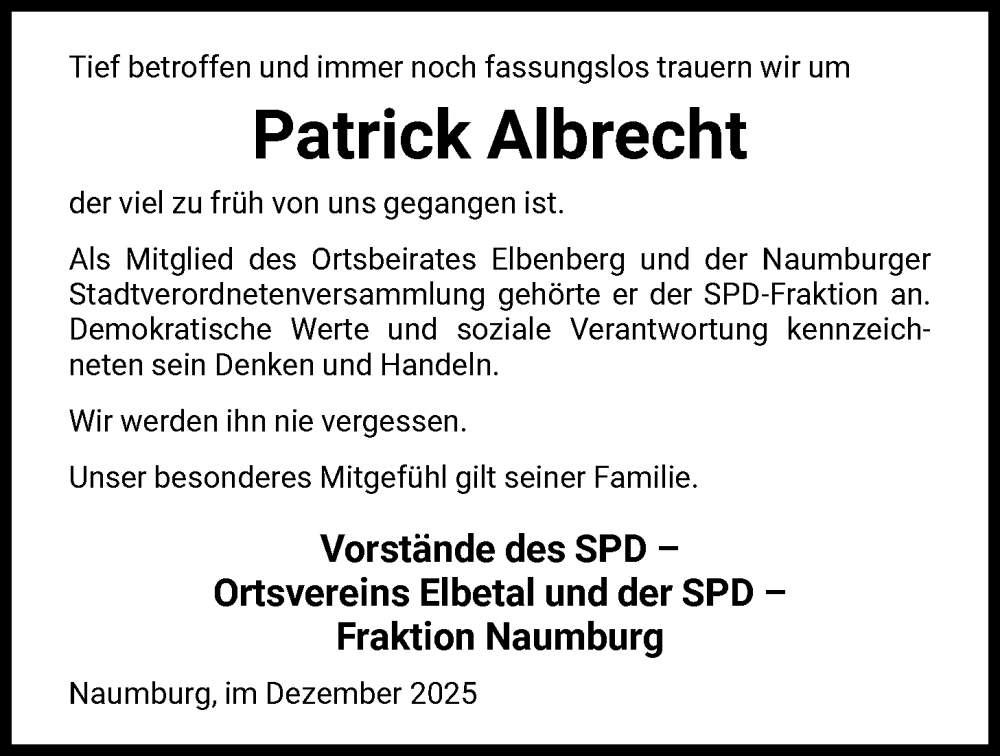  Traueranzeige für Patrick Albrecht vom 30.12.2025 aus HNA