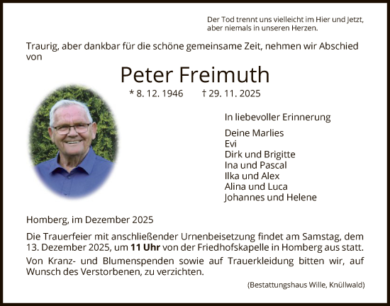 Traueranzeige von Peter Freimuth von HNA