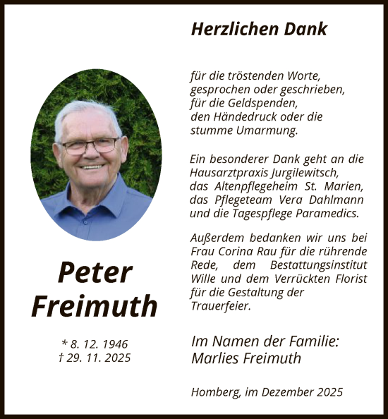 Traueranzeige von Peter Freimuth von HNA