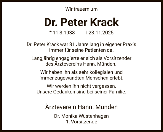 Traueranzeige von Peter Krack von HNA