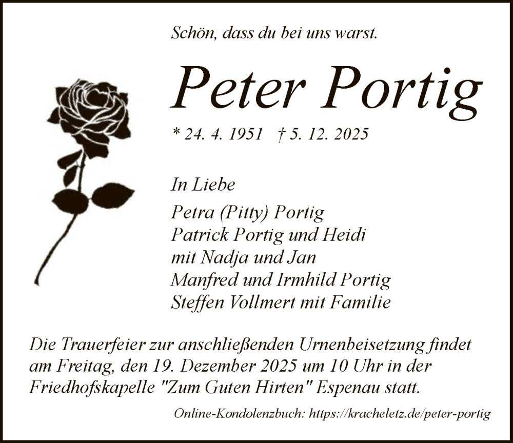 Traueranzeige für Peter Portig vom 13.12.2025 aus HNA