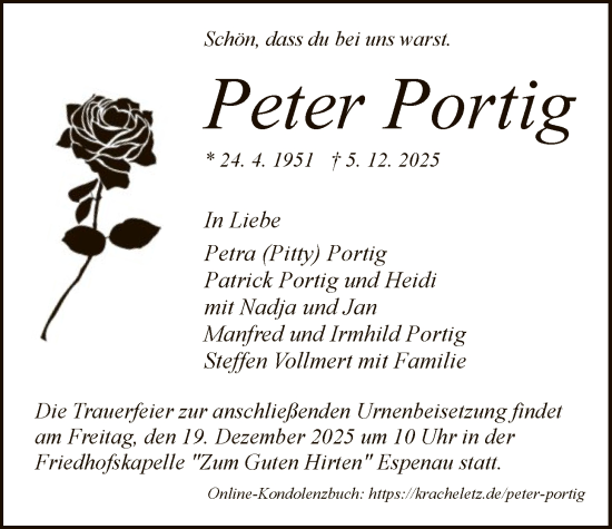 Traueranzeige von Peter Portig von HNA