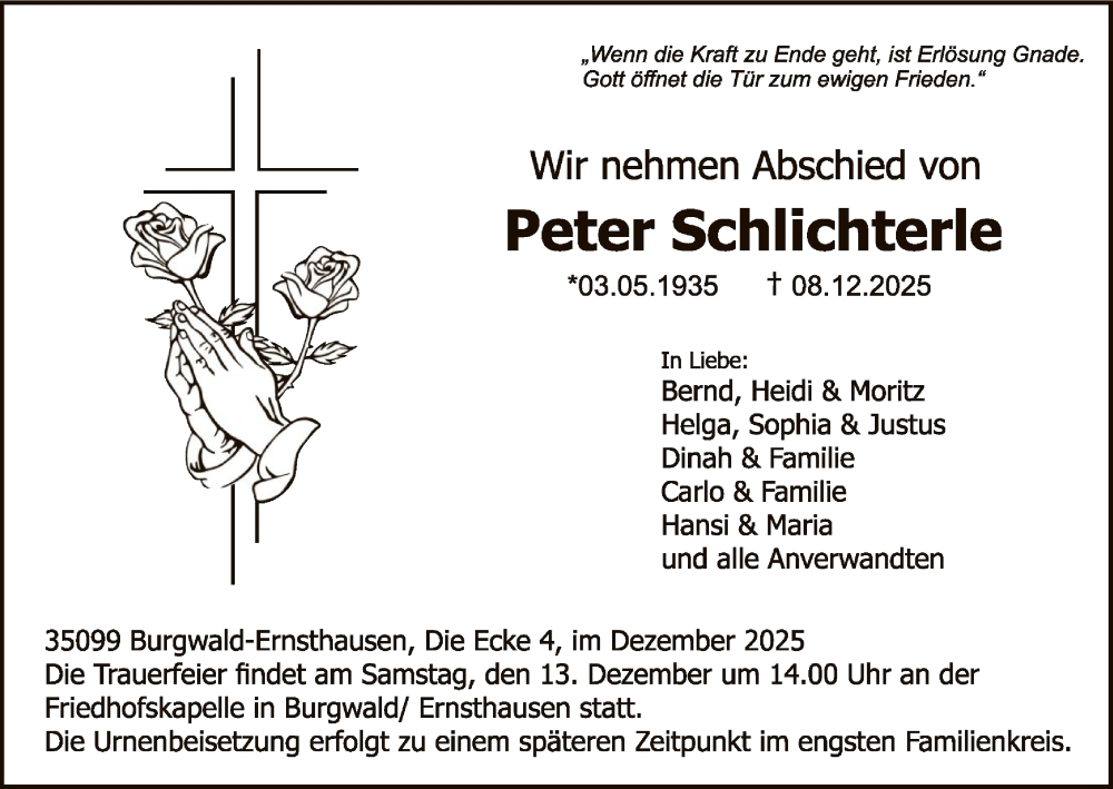  Traueranzeige für Peter Schlichterle vom 11.12.2025 aus HNAWLZ