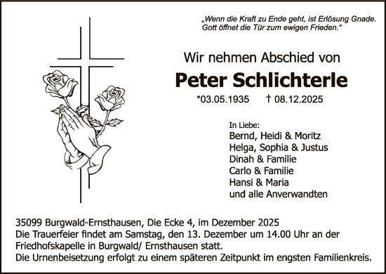 Traueranzeige von Peter Schlichterle von HNAWLZ