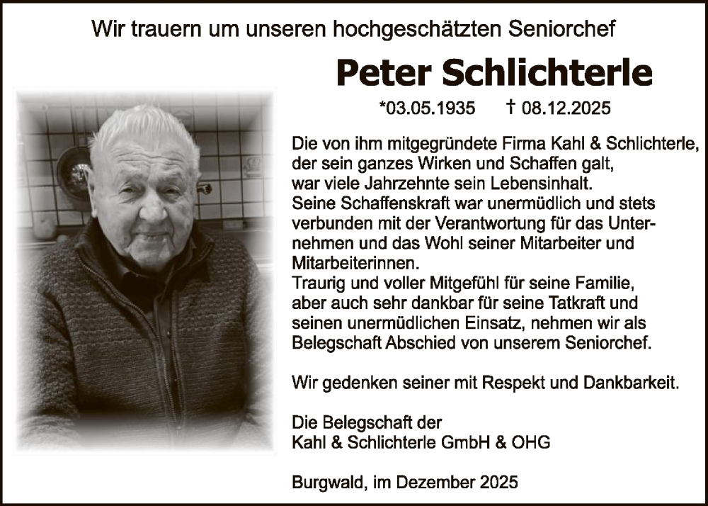  Traueranzeige für Peter Schlichterle vom 11.12.2025 aus HNAWLZ