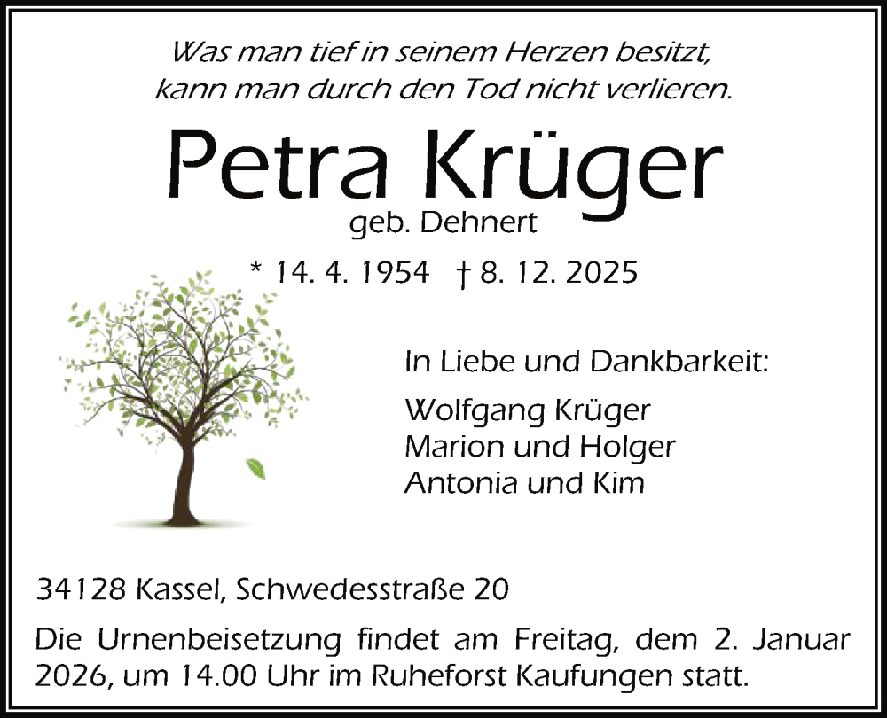  Traueranzeige für Petra Krüger vom 27.12.2025 aus HNA