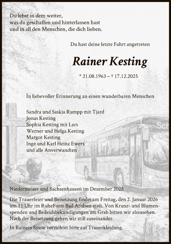 Traueranzeige von Rainer Kesting von HNA