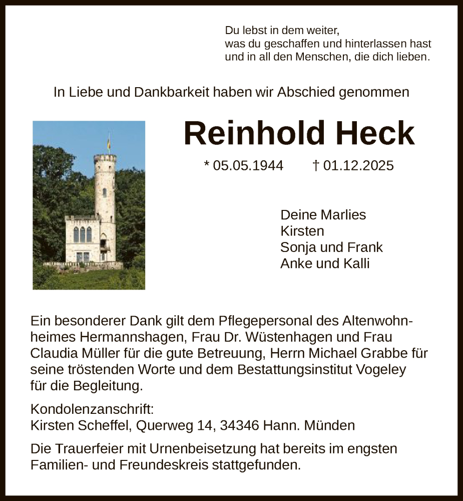  Traueranzeige für Reinhold Heck vom 20.12.2025 aus HNA