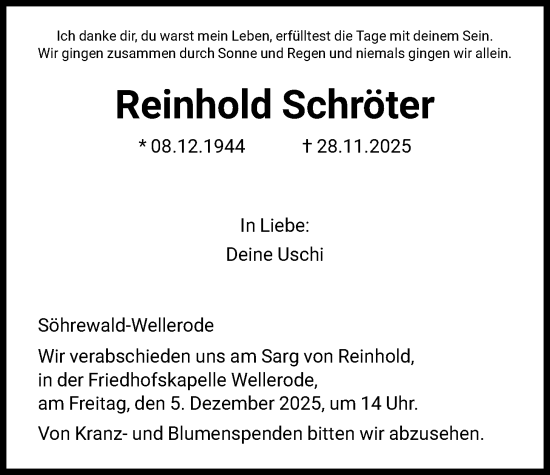 Traueranzeige von Reinhold Schröter von HNA