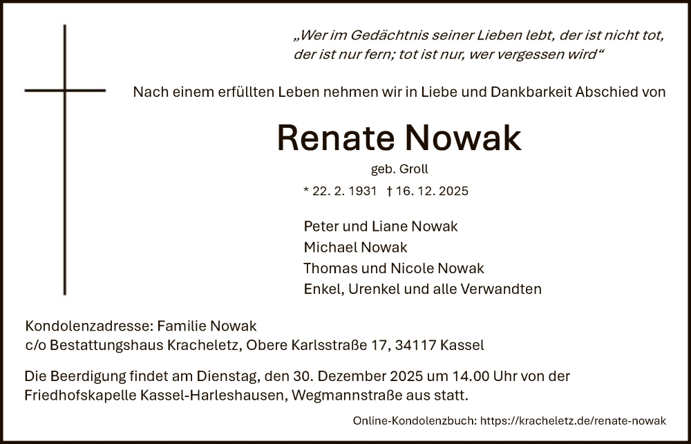 Traueranzeige für Renate Nowak vom 27.12.2025 aus HNA