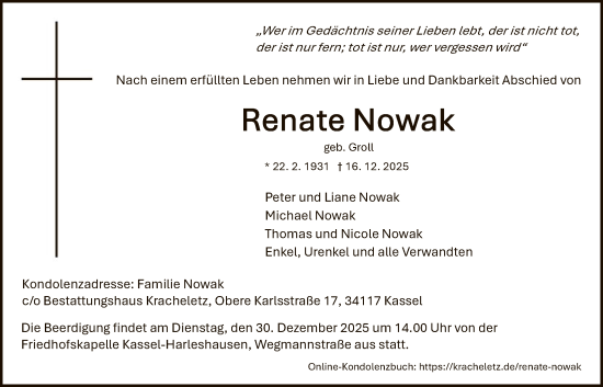Traueranzeige von Renate Nowak von HNA