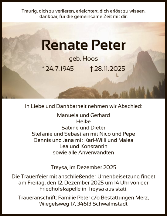 Traueranzeige von Renate Peter von HNA