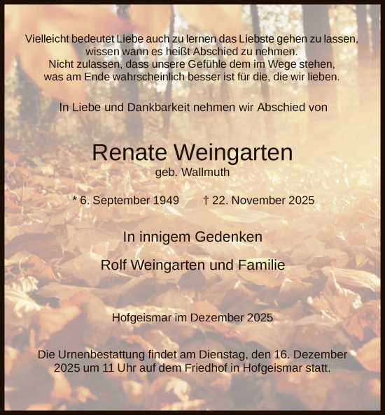Traueranzeige von Renate Weingarten von HNA