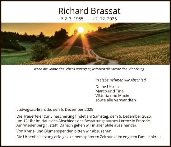 Traueranzeige von Richard Brassat von HNA