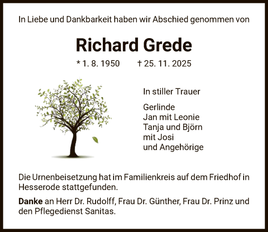 Traueranzeige von Richard Grede von HNA
