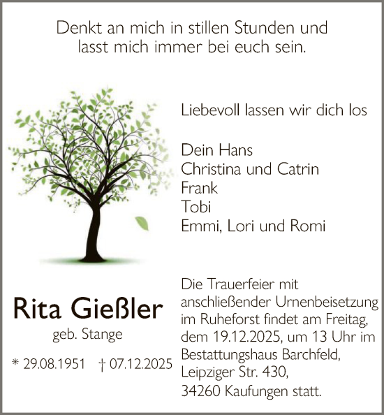 Traueranzeige von Rita Gießler von HNA