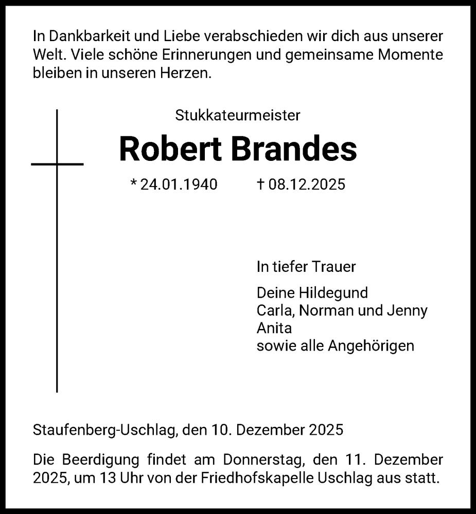  Traueranzeige für Robert Brandes vom 10.12.2025 aus HNA