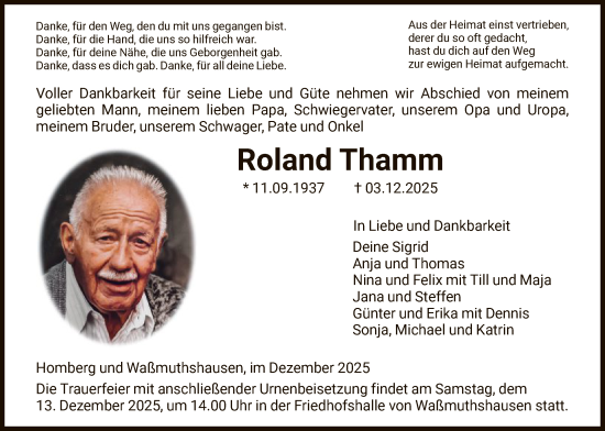 Traueranzeige von Roland Thamm von HNA