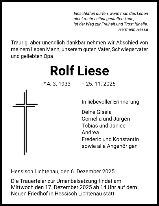 Traueranzeige von Rolf Liese von HNA