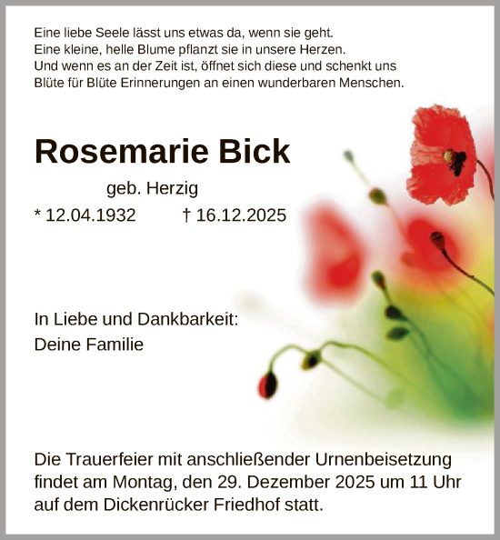 Traueranzeige von Rosemarie Bick von HNA