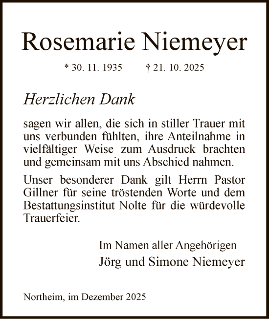 Traueranzeige von Rosemarie Niemeyer von HNA