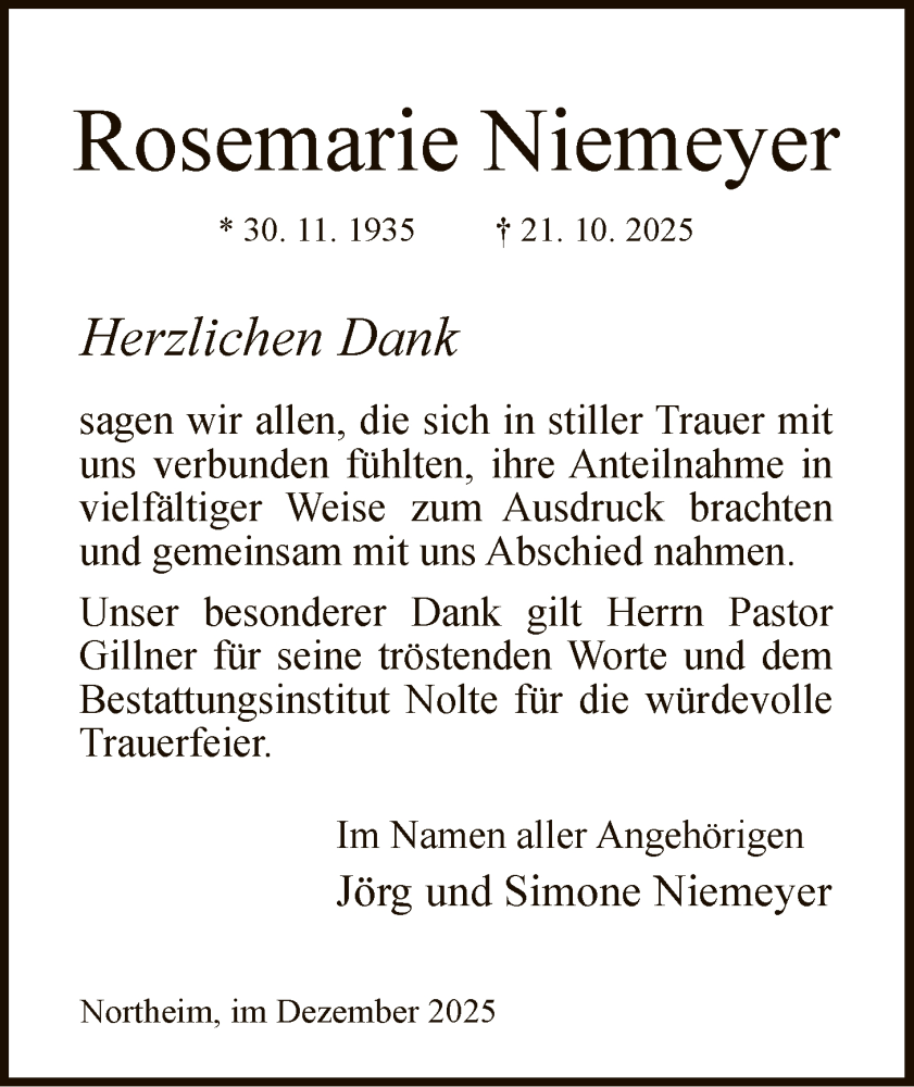  Traueranzeige für Rosemarie Niemeyer vom 13.12.2025 aus HNA