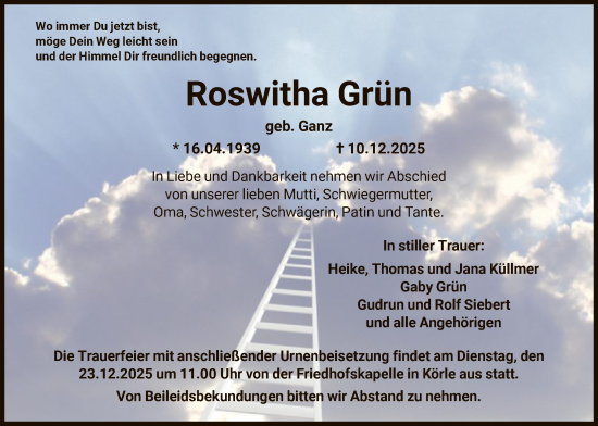 Traueranzeige von Roswitha Grün von HNA
