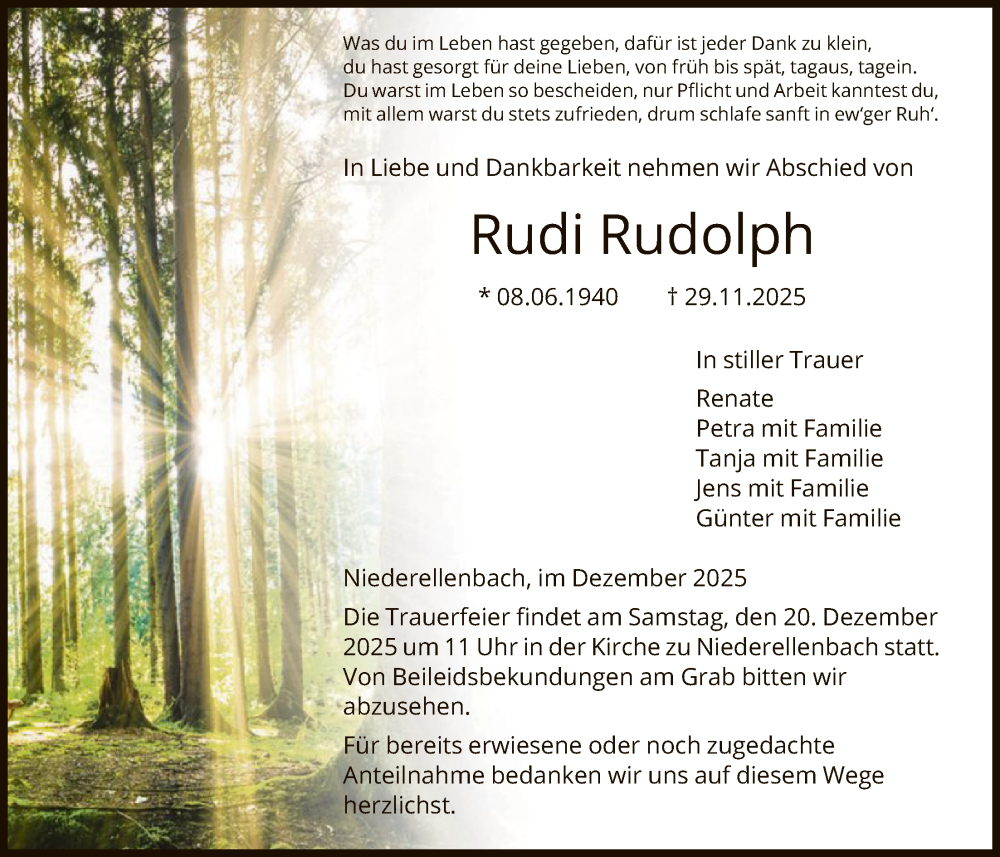  Traueranzeige für Rudi Rudolph vom 13.12.2025 aus HNA