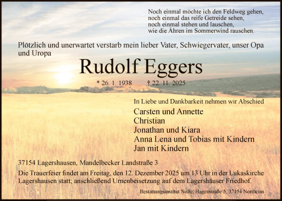 Traueranzeige von Rudolf Eggers von HNA