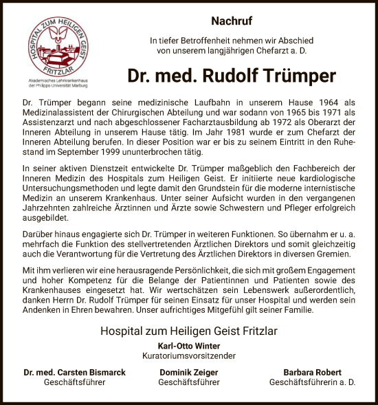 Traueranzeige von Rudolf Trümper von HNA