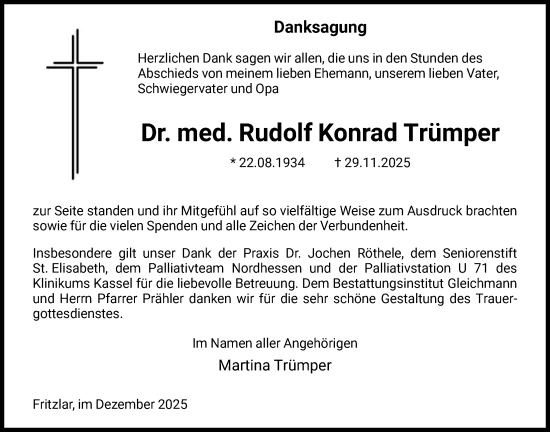 Traueranzeige von Rudolf Konrad Trümper von HNA