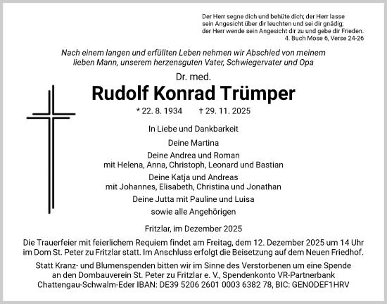 Traueranzeige von Rudolf Konrad Trümper von HNA
