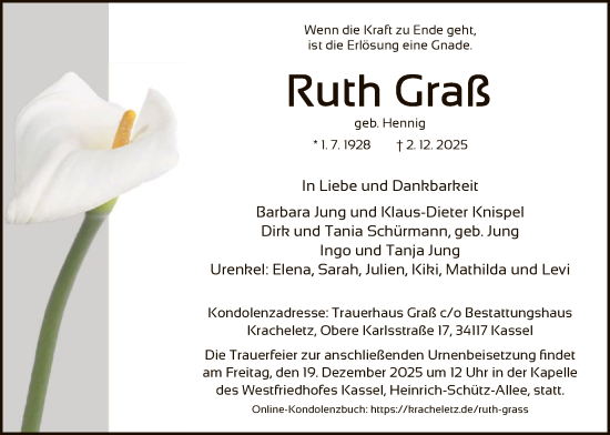 Traueranzeige von Ruth Graß von HNA