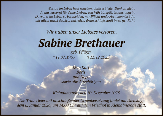 Traueranzeige von Sabine Brethauer von HNA