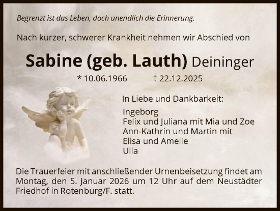 Traueranzeige von Sabine Deininger von HNA