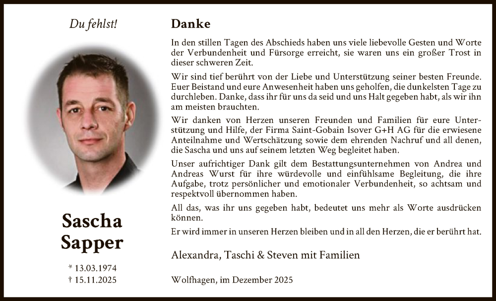  Traueranzeige für Sascha Sapper vom 20.12.2025 aus HNAHNA