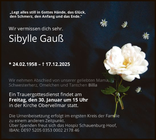 Traueranzeige von Sibylle Gauß von HNA