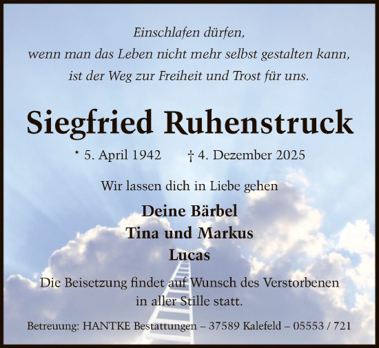 Traueranzeige von Siegfried Ruhenstruck von HNA