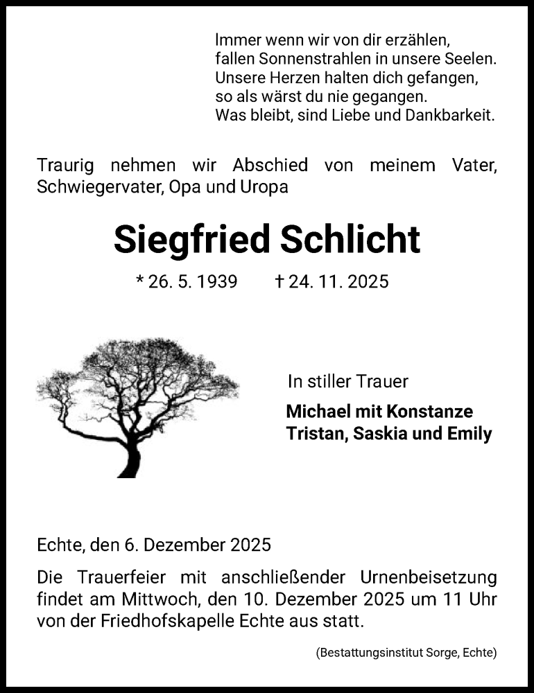  Traueranzeige für Siegfried Schlicht vom 06.12.2025 aus HNA