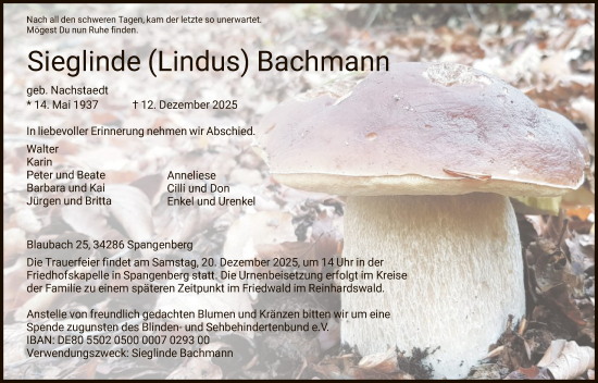 Traueranzeige von Sieglinde Bachmann von HNA