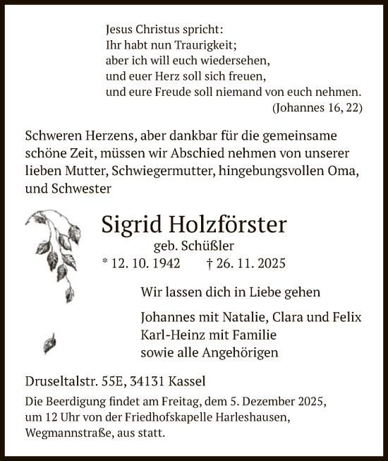 Traueranzeige von Sigrid Holzförster von HNAHNA